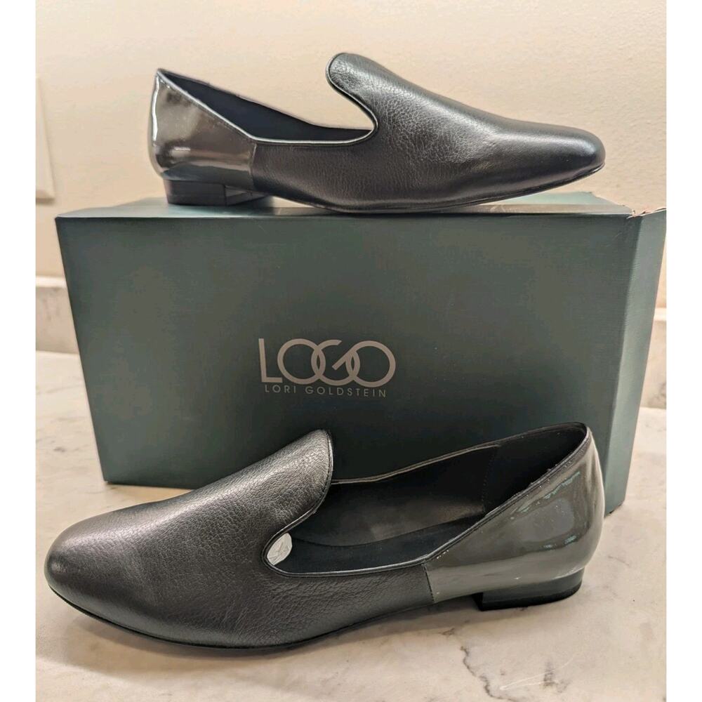 LOGO Meryl Leather Slip on Loafers Black/Pewter Patent 8.5 NEW Lori Goldstein